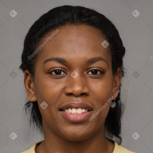 Joyful black young-adult female with medium  black hair and brown eyes