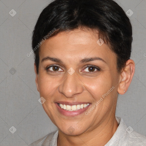 Joyful white young-adult female with short  brown hair and brown eyes