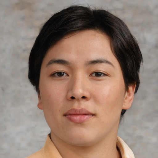 Neutral asian young-adult female with short  brown hair and brown eyes