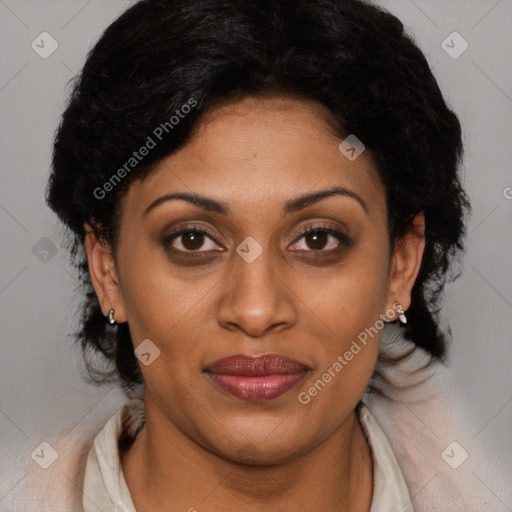 Joyful black adult female with short  brown hair and brown eyes