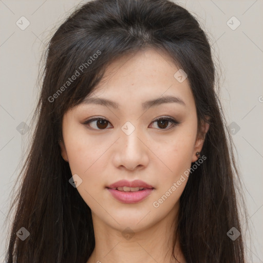 Joyful asian young-adult female with long  brown hair and brown eyes