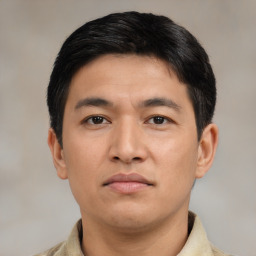 Neutral asian young-adult male with short  black hair and brown eyes