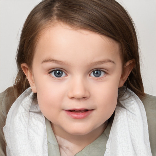 Joyful white child female with medium  brown hair and blue eyes