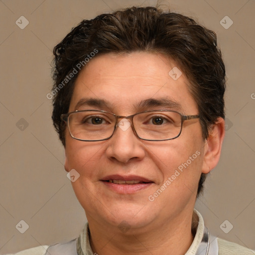 Joyful white adult female with short  brown hair and brown eyes