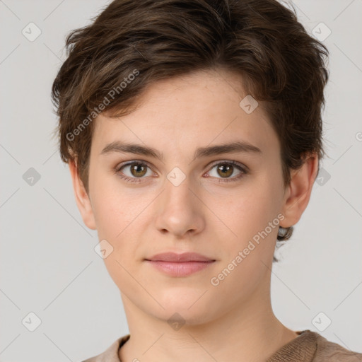 Neutral white young-adult female with short  brown hair and brown eyes