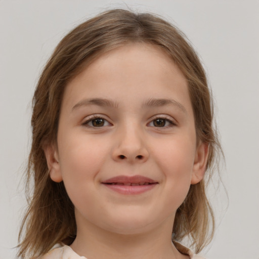 Joyful white child female with medium  brown hair and brown eyes