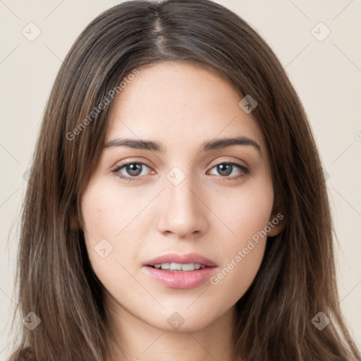 Neutral white young-adult female with long  brown hair and brown eyes