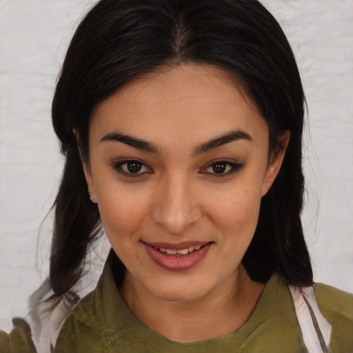 Joyful asian young-adult female with medium  brown hair and brown eyes