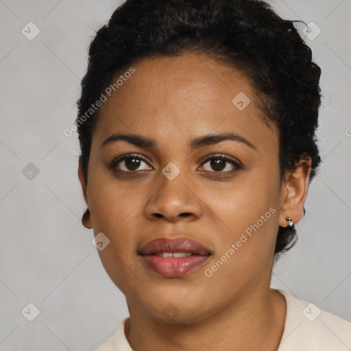 Joyful latino young-adult female with short  black hair and brown eyes