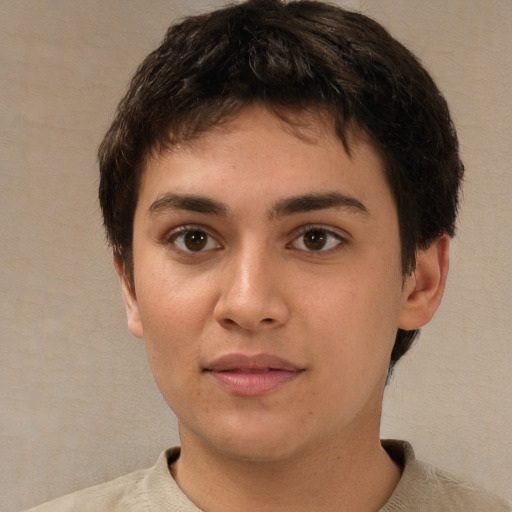 Neutral white young-adult female with short  brown hair and brown eyes