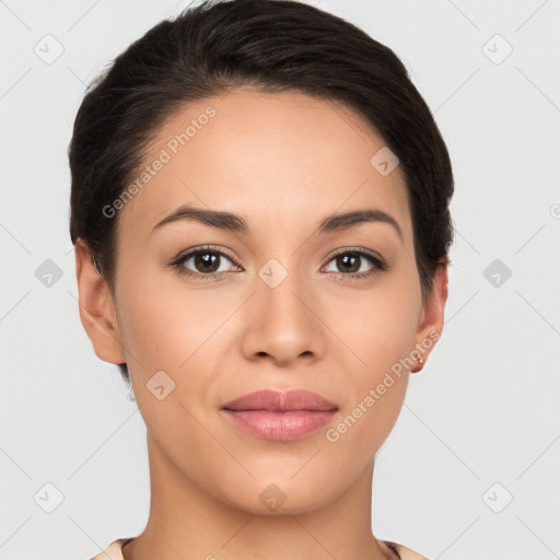 Joyful white young-adult female with short  brown hair and brown eyes