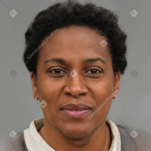 Joyful black adult female with short  brown hair and brown eyes