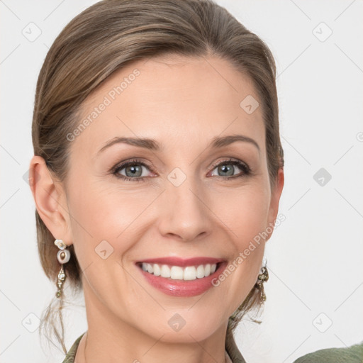 Joyful white young-adult female with medium  brown hair and grey eyes