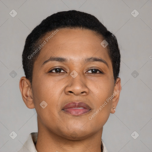 Joyful black young-adult female with short  brown hair and brown eyes