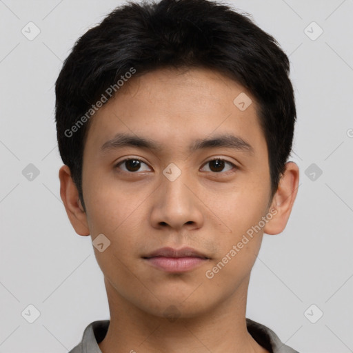 Neutral asian young-adult male with short  black hair and brown eyes