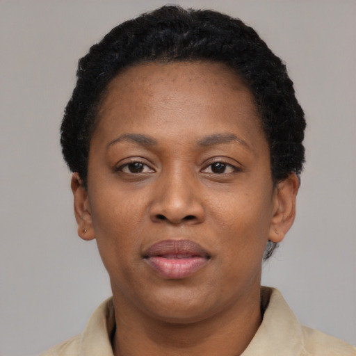 Neutral black adult female with short  black hair and brown eyes