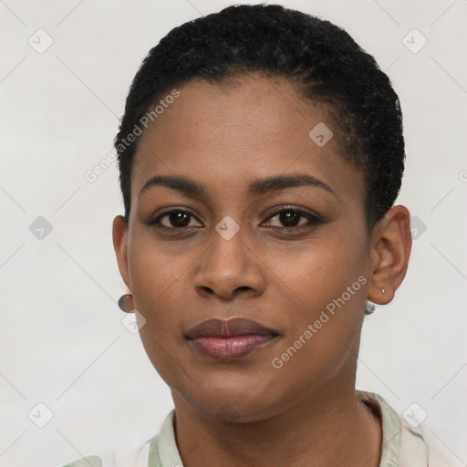Joyful black young-adult female with short  black hair and brown eyes