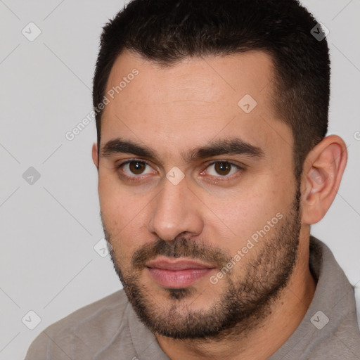 Neutral white young-adult male with short  brown hair and brown eyes