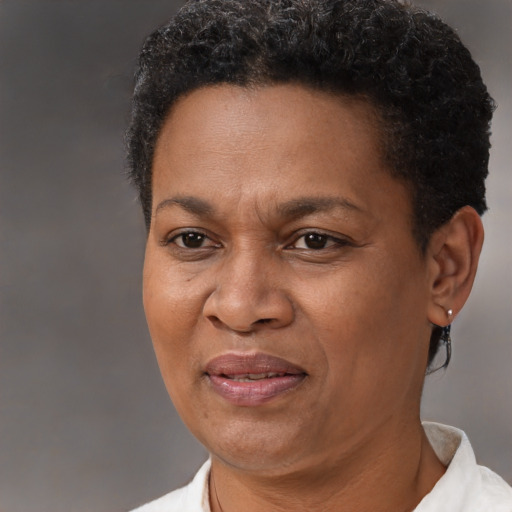 Joyful black adult female with short  brown hair and brown eyes