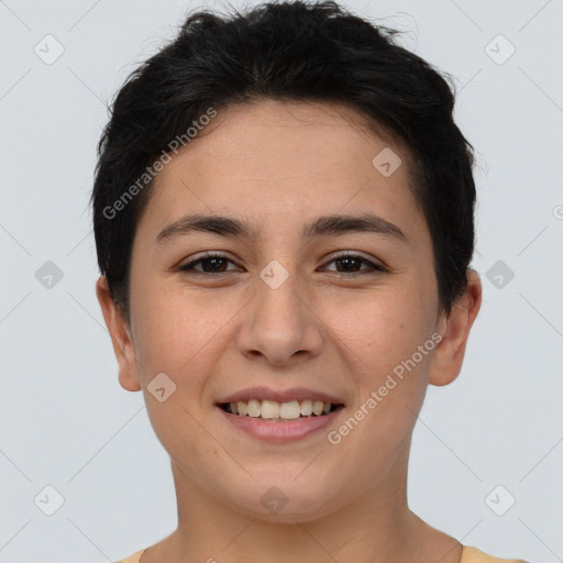 Joyful white young-adult female with short  brown hair and brown eyes