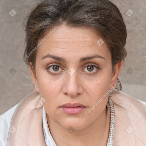 Neutral white young-adult female with short  brown hair and brown eyes