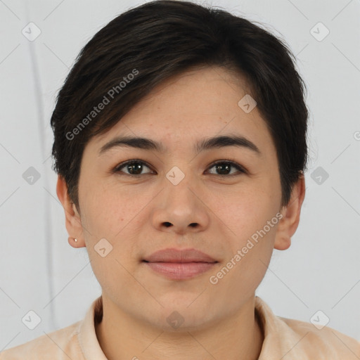 Joyful asian young-adult female with short  brown hair and brown eyes