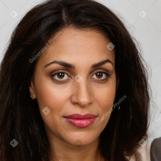 Joyful latino young-adult female with long  brown hair and brown eyes