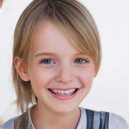 Joyful white child female with medium  brown hair and blue eyes