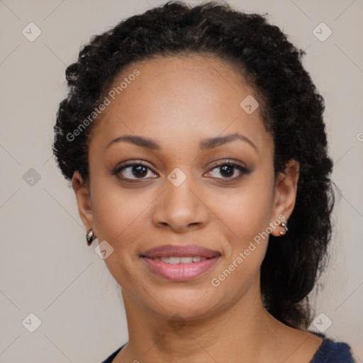 Joyful latino young-adult female with medium  black hair and brown eyes