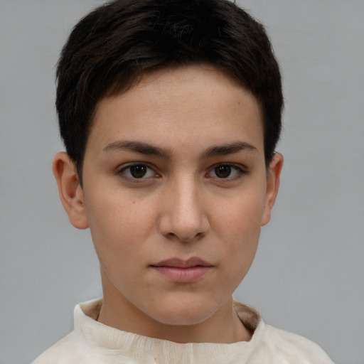 Neutral white young-adult female with short  brown hair and brown eyes