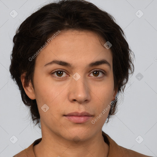 Neutral white young-adult female with medium  brown hair and brown eyes