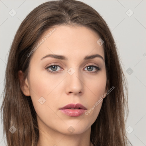 Neutral white young-adult female with long  brown hair and brown eyes