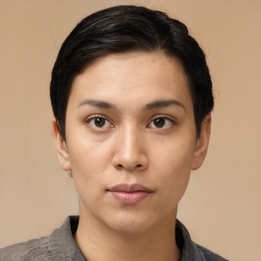 Neutral asian young-adult female with short  black hair and brown eyes