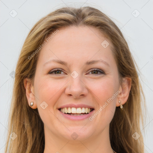 Joyful white young-adult female with long  brown hair and grey eyes