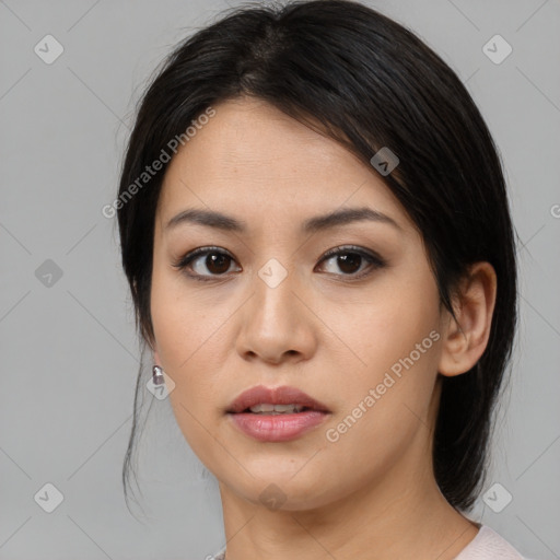 Neutral asian young-adult female with medium  black hair and brown eyes