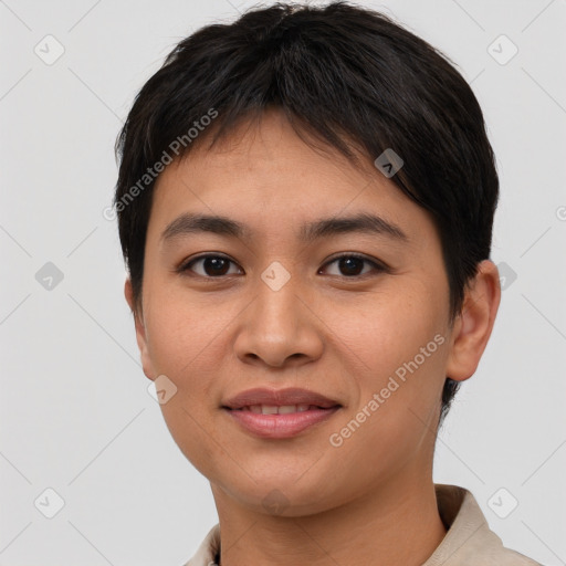 Joyful white young-adult female with short  brown hair and brown eyes