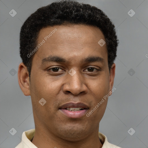 Joyful latino young-adult male with short  brown hair and brown eyes