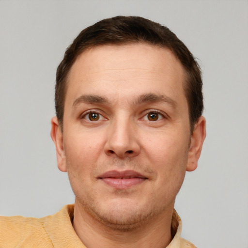 Neutral white adult male with short  brown hair and brown eyes