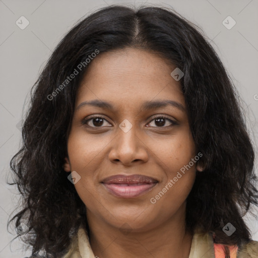 Joyful black young-adult female with medium  brown hair and brown eyes