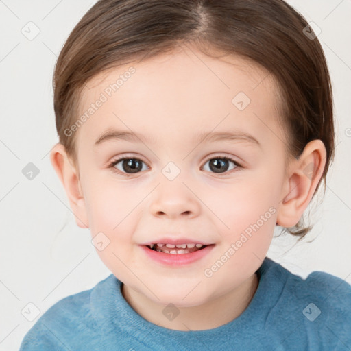 Joyful white child female with medium  brown hair and brown eyes