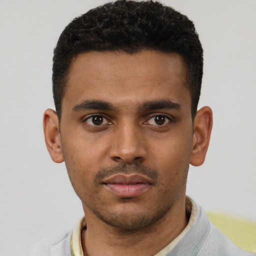 Neutral black young-adult male with short  black hair and brown eyes