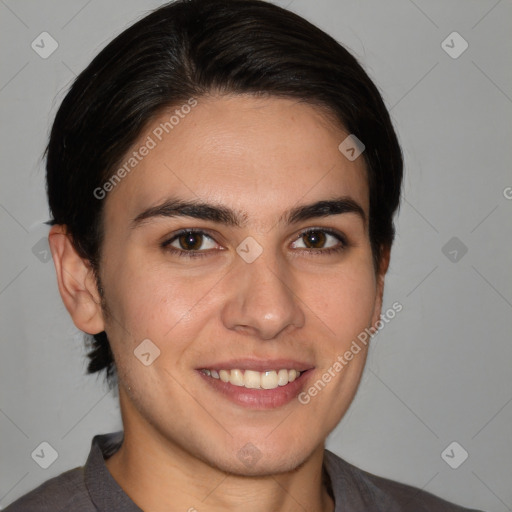 Joyful white young-adult male with medium  brown hair and brown eyes