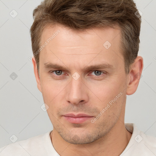 Neutral white young-adult male with short  brown hair and brown eyes