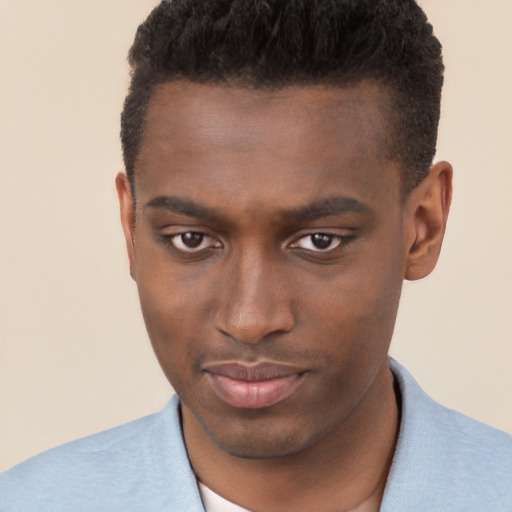 Joyful black young-adult male with short  brown hair and brown eyes