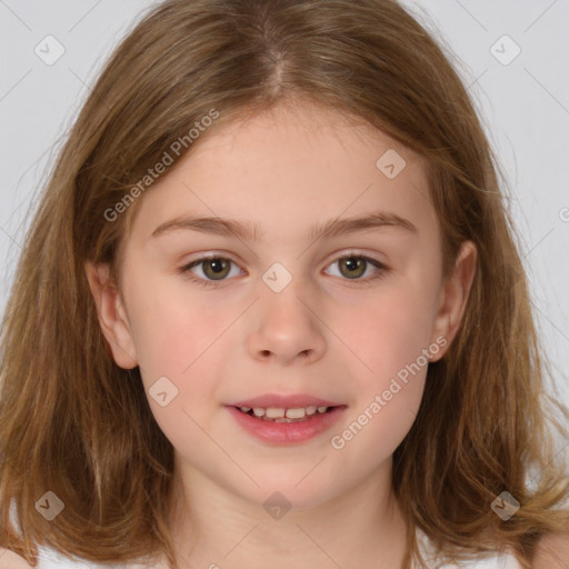 Joyful white child female with medium  brown hair and brown eyes