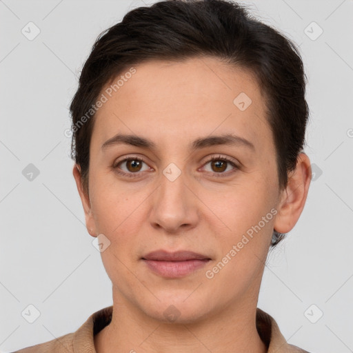 Joyful white young-adult female with short  brown hair and brown eyes