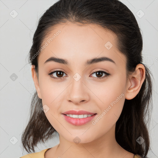 Joyful white young-adult female with long  brown hair and brown eyes