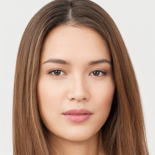 Neutral white young-adult female with long  brown hair and brown eyes