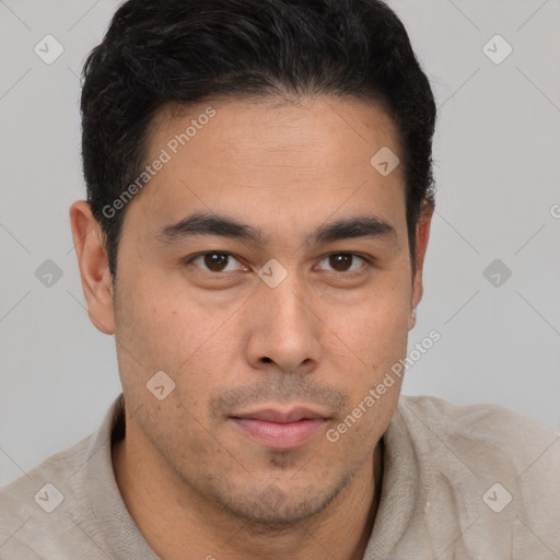 Neutral latino young-adult male with short  brown hair and brown eyes