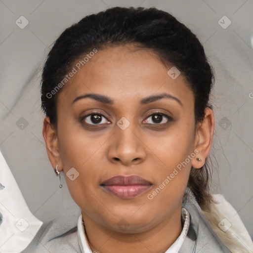 Joyful latino young-adult female with medium  brown hair and brown eyes